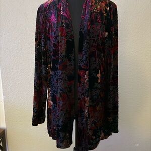 Susan Graver Printed Burnout Velvet Open Front Cardigan Wine LARGE